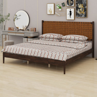 Modern Wood Platform Bed Frame with Hand-Woven Vegan Headboard