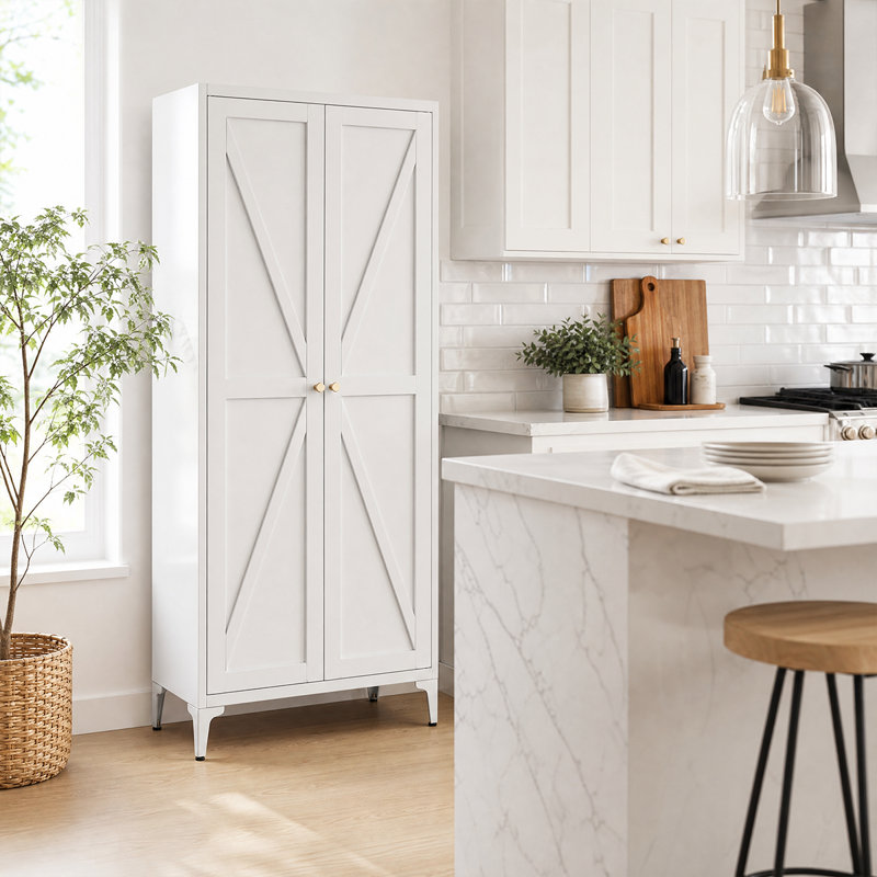 Armoire de cuisine polyvalente tout en acier avec tablettes réglables et fermeture magnétique sécurisée, Blanc