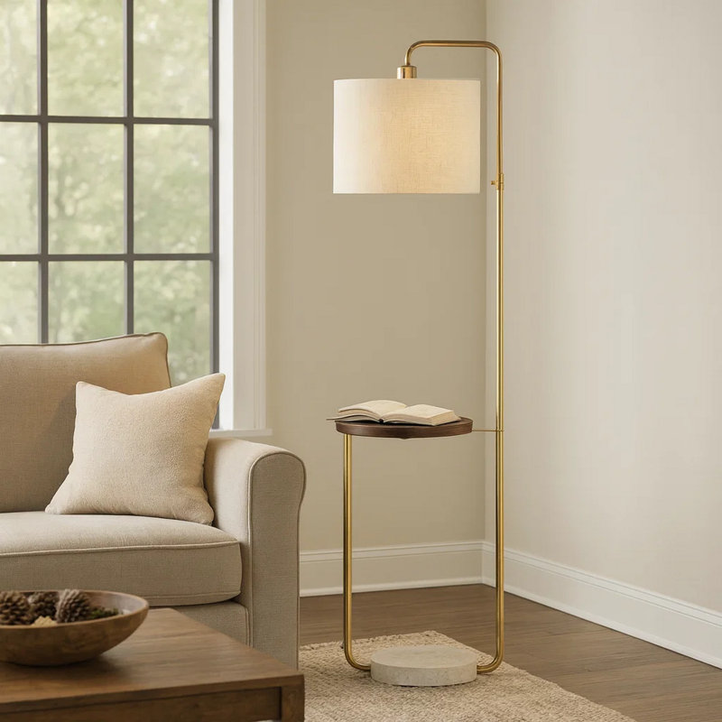 Myle Floor Lamp, Round Shelf, USB Port, 67 Inch, Metal Frame, Gold