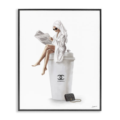 Chic Fashion Coffee and Purse Female Robe Pose Oversized Black Framed Giclee Texturized Art by Ziwei Li