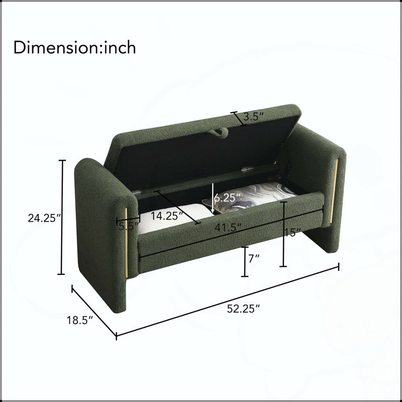 Banc de rangement en tissu avec accoudoirs 52,3 po, Vert olive