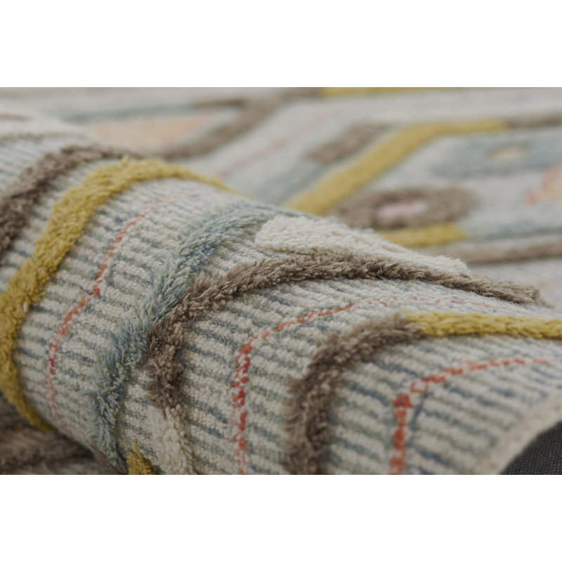 Tapis gris / jaune / brun en laine à poils longs fabriqué à la main Chopin Select Allegro, Rectangle 5 pi x 8 pi