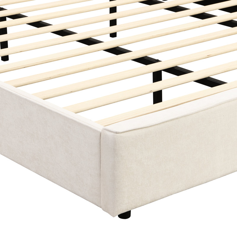 Structure de lit très grand de couleur beige avec tête de lit tapissier à oreilles, lampe de lecture réglable, port, mousse douce, sans sommier, installation rapide pour la chambre à coucher, cadre, beige, configuration