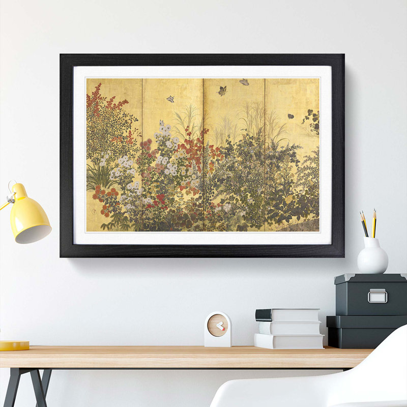 Butterflies & the Flowers by Tawaraya Sotatsu - Picture Frame Art Print, Black Framed, 48cm H x 65cm W x 2cm D