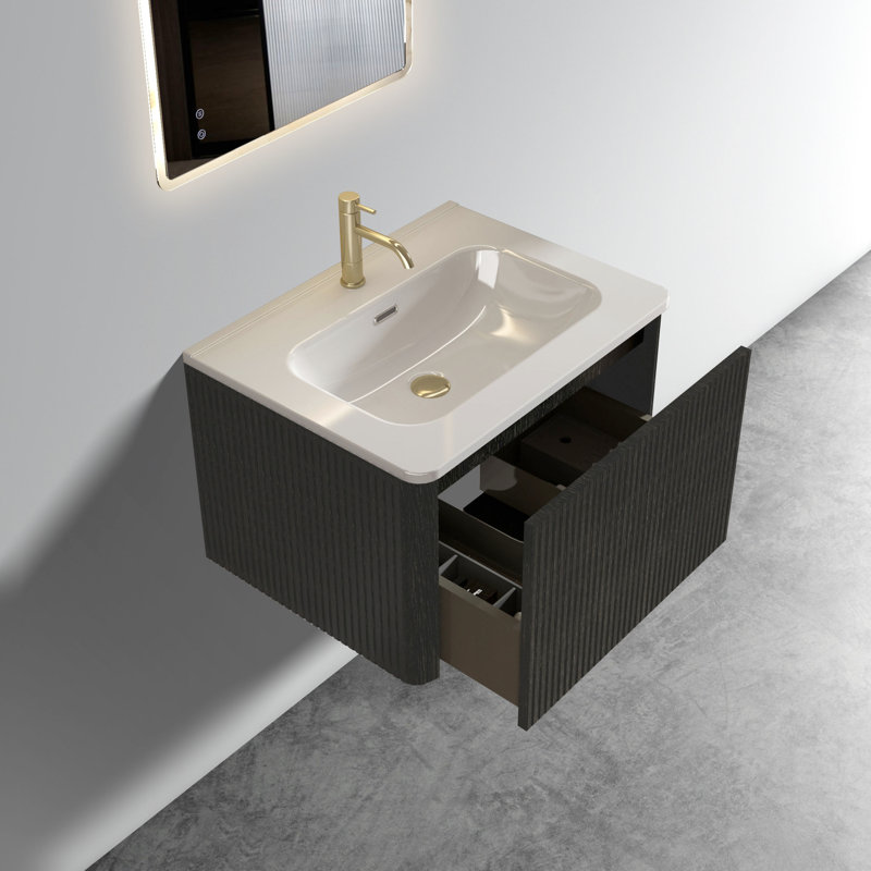 Meuble-lavabo de salle de bain 24 po - Chêne noir rayé, lavabo en céramique blanche, texture pratique en chêne, élégance