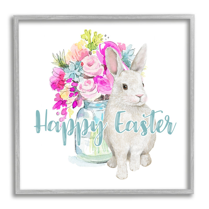 " Happy Easter Calligraphy Bunny Pink Flower Bouquet " by Jennifer Wambach, 17" H x 17" W x 1.5" D