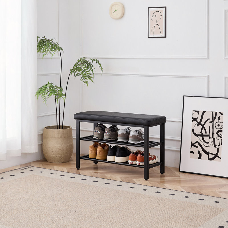 Small Shoe Bench, 3-Tier Shoe Rack, Shoe Storage Bench With PU Seat Cushion, Entryway Shoe Rack Bench With Metal Mesh Shelves, Freestanding Shoe Organizer For Hallway