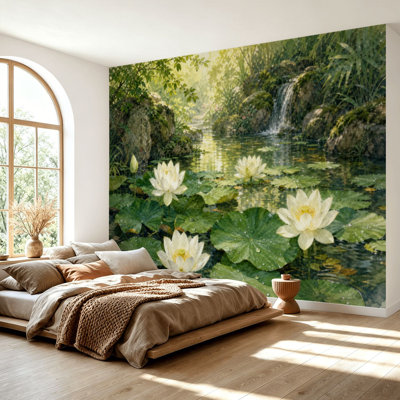 Wall Mural Peel and Stick Wallpaper Serene Pond White Lotus Flowers Green Lily Pads Natural Setting green Self-Adhesive Removable Contact Paper Wall Decor for Living Room Bedroom 69"H x 96"W