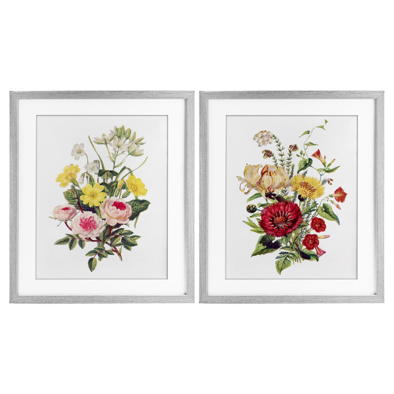 Mixed Flower Bushels, ensemble de 2 reproductions encadrées sous verre encadrées, Cadre de ferme gris, H 21 po x l 17 po