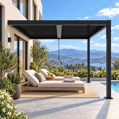 10x12 FT Wall-Mounted Louvered Pergola, Adjustable Roof