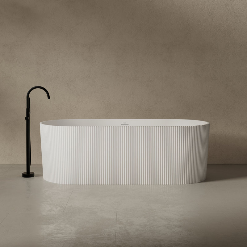 MonBlari 67" X 29.5" Solid Surface Fluted Freestanding White Soaking Bathtub with Overflow and Pop-up Drain For Bathroom