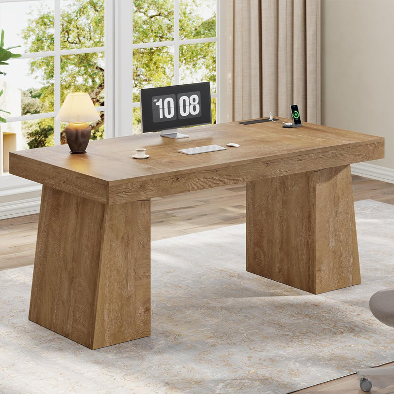 Bureau de direction 55,9 po, bureau à domicile moderne avec prises de courant et armoire de rangement, petite table de conférence, chêne