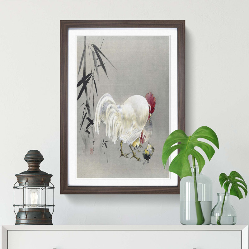Rooster & Hen with Chicks by Watanabe Seitei - Picture Frame Graphic Art Print, 60cm H x 40cm W x 2cm D, Walnut