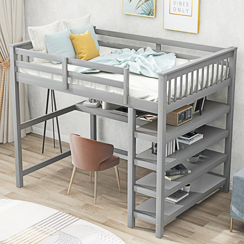 Lit mezzanine avec tablettes de rangement et bureau sous le lit, Gris, Complet/Double