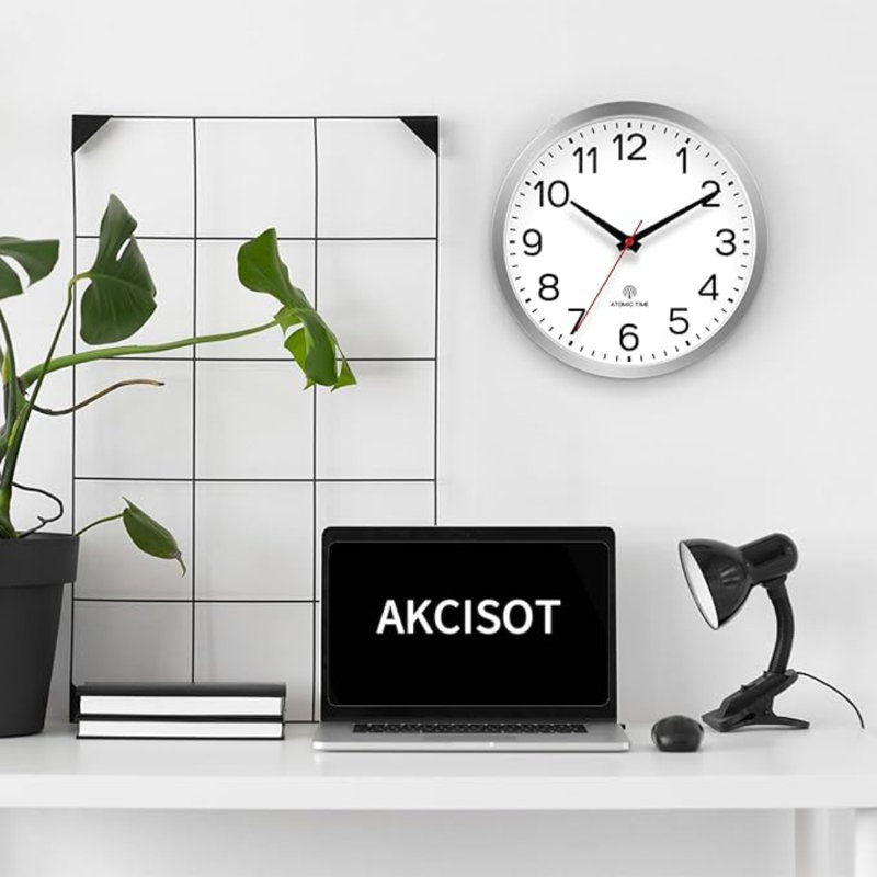 AKCISOT Atomic 10 Inch Wall Clock Analog Clocks For Indoor Kitchen-Silent Battery Operated Clock For Bedroom Office Classroom Living Room(Silver)