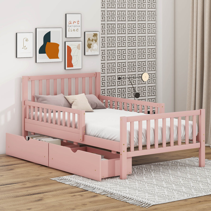 Lit plateforme en bois avec garde-corps des deux côtés et deux tiroirs, Simple, Rose