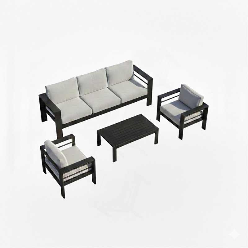 Ensemble de conversation moderne en aluminium 4 pièces pour patio, canapé 5 places avec coussins épais et table basse, Black