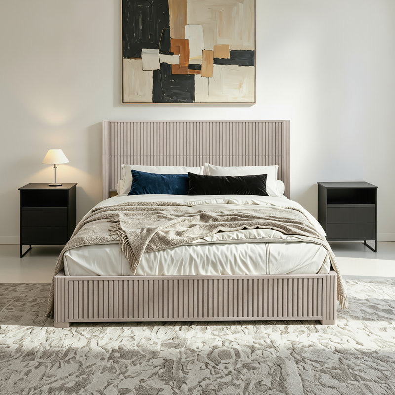 Structure de lit plateforme en bois massif avec tête de lit, aucun sommier nécessaire, lit sur pied, assemblage facile, grand lit, beige