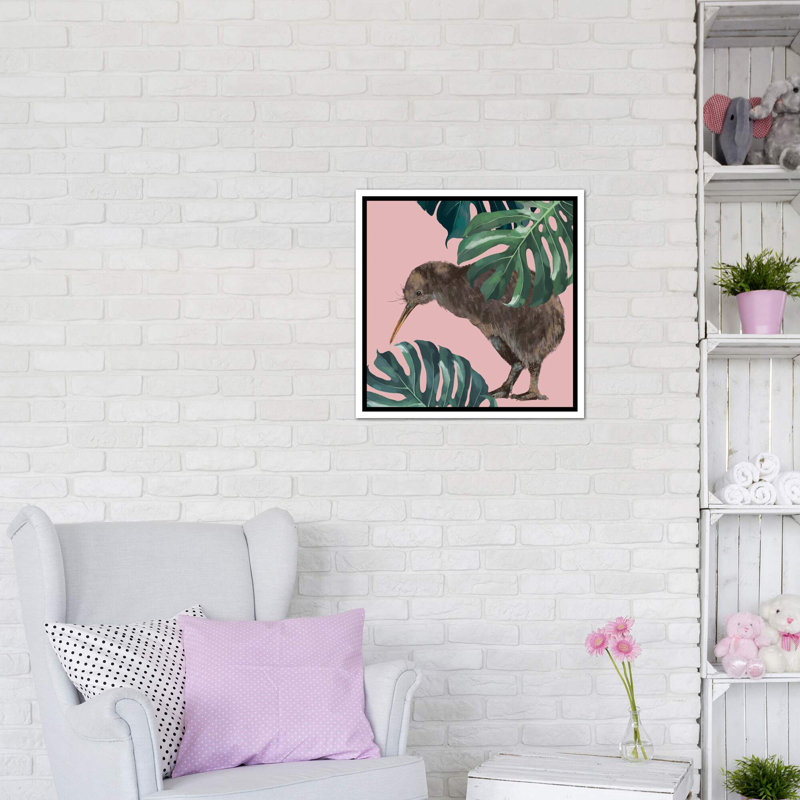 Kiwi oiseau avec monstera art, H 26 po x l 26 po x P 1,5 po, Toile blanche encadrée