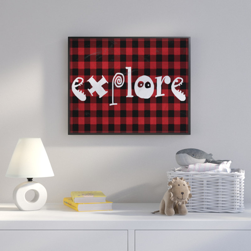 « explore », impression sur motif écossais, H 16 po x l 20 po, Cadre noir