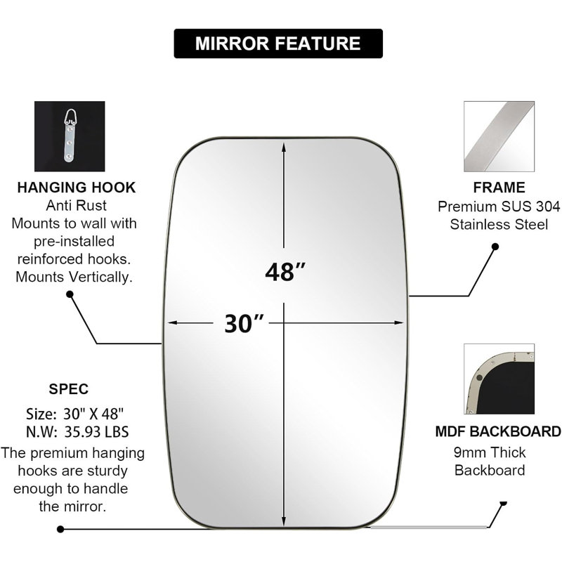 Miroir de salle de bain ovale moderne |  Cadre, Nickel brossé, 48 po x 30 po