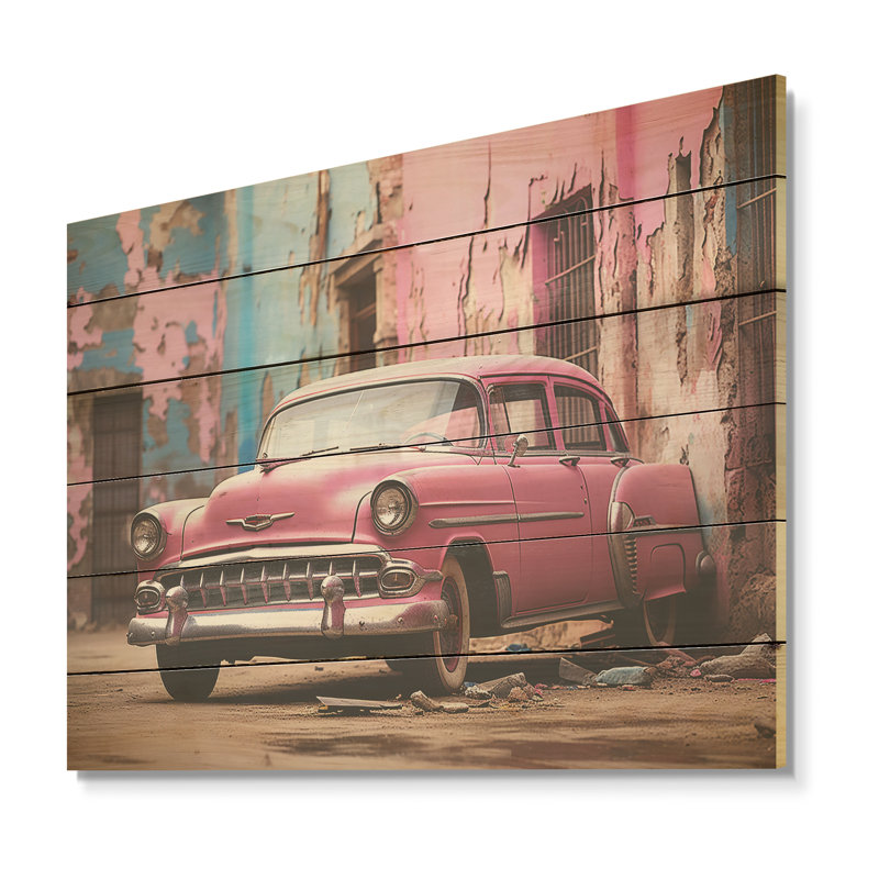Impression de voiture rose à Cuba - Cuba, paysage, art mural sur bois de pin naturel, H 10 po x l 20 po