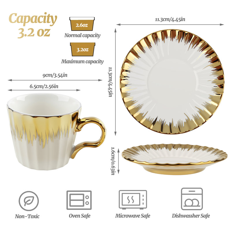 Tasses à espresso avec soucoupes, tasse à café turque de 3,5 oz avec garniture dorée, tasses à thé en céramique pour espresso cappuccino latte moka, idée cadeau, va au lave-vaisselle et au micro-ondes (doré)