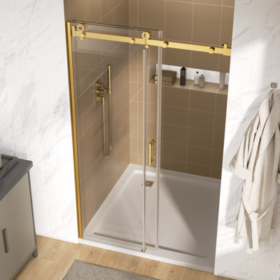 48in W x 76in H Frameless Sliding Shower Door with Top Roller System 8mm Tempered Glass Bypass Shower Door Adjustable Glass Shower Door in Matte Black or Brushed Gold