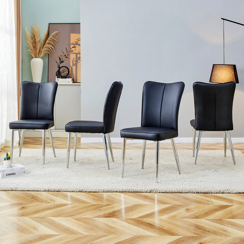 Ensemble de 4 chaises de salle à manger rembourrées avec pieds en métal pour les chambres et le salon, Noir, Argent argent