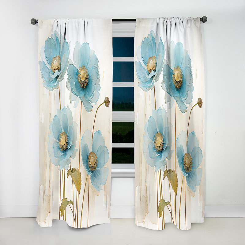 Nyah Blue And Grey Poppy Meadow - Poppies Curtain - Velvet Room Darkening - 1 panel, 52" W x 95" L