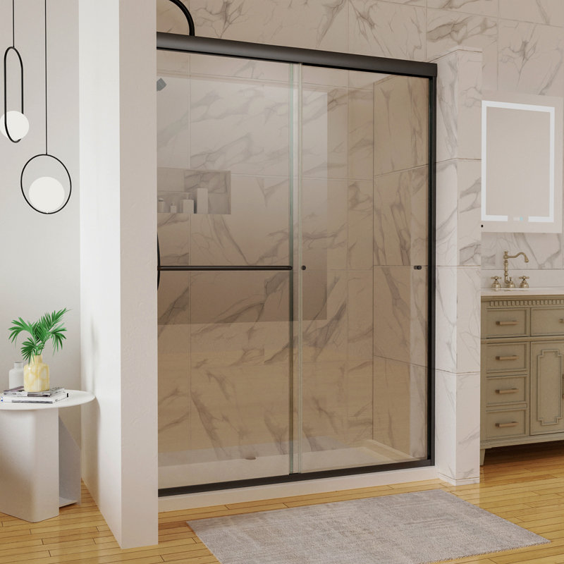 Porte de douche coulissante traditionnelle en noir mat avec verre transparent