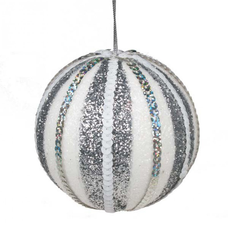 10cm Ball Ornament, White and Silver
