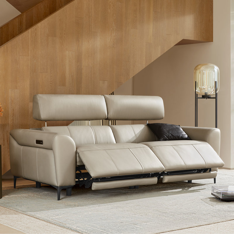 2-Piece Dual Motor Genuine Leather Zero Wall Sofa With Power Headrest, Light Gray