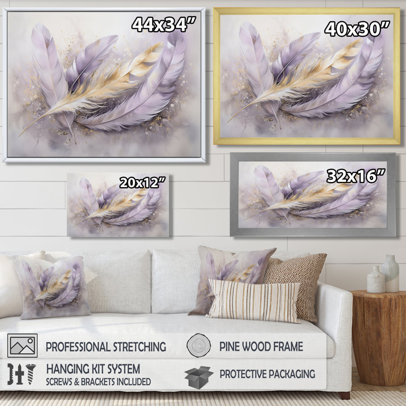 Bohème, rêves, plumes dorées mauves - art mural plume bohème, Toile avec cadre argenté, H 30 po x l 40 po x P 1,5 po