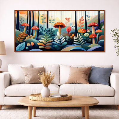 «Blue Orange Blue Orange Ferns Mushroom Forest», reproduction d'art sur toile encadrée, art mural Boho Large