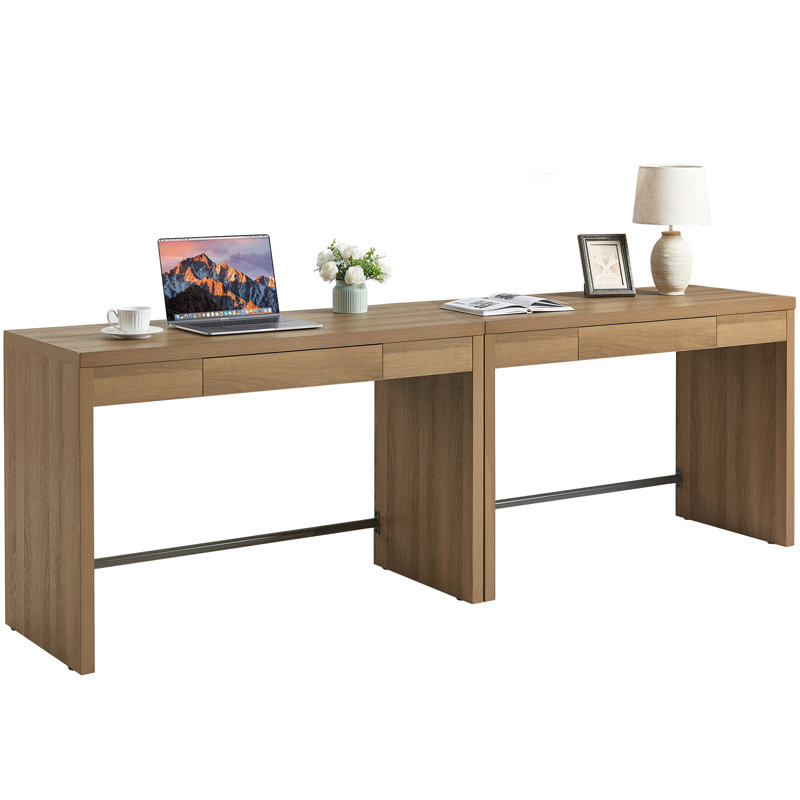 Boho Minimalist Wood Desk With Hidden Drawer, Caramel Oak