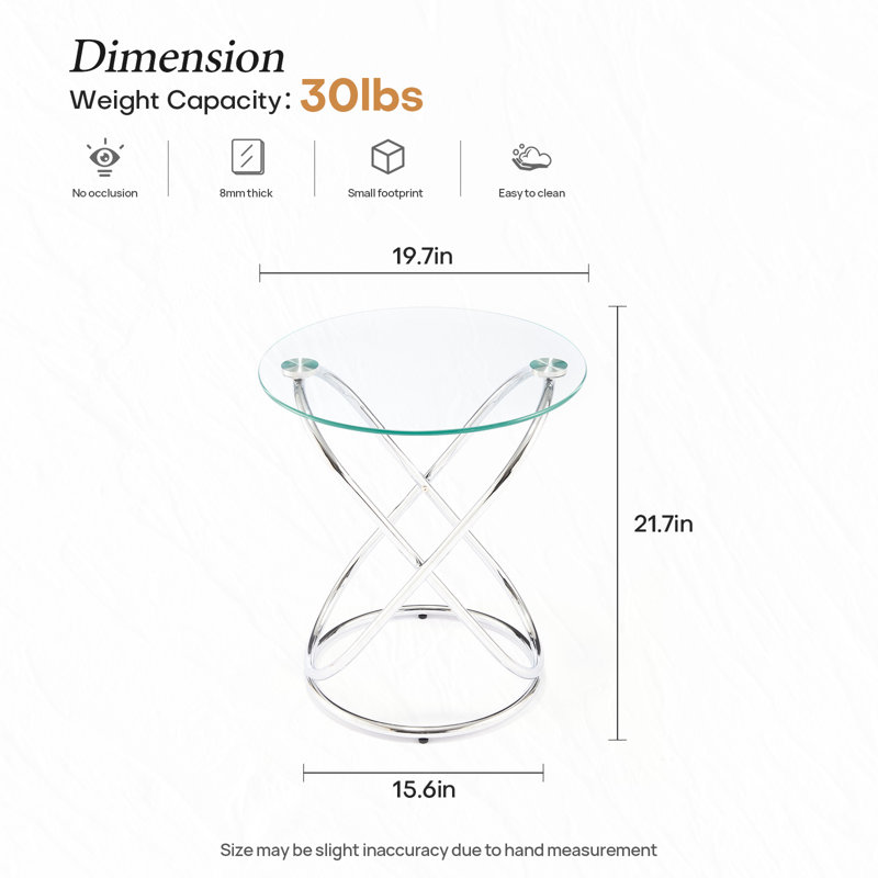 Jefre Tempered Glass Top End Table with Plated Metal Base, Silver