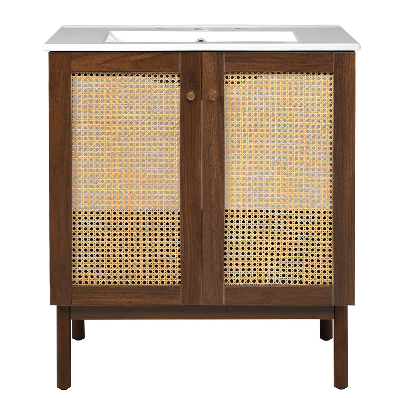 [Vidéo] Meuble-lavabo de 30 pouces avec portes en bambou tissé à la main, armoire en panneau de fibres à densité moyenne et conception à fermeture en douceur