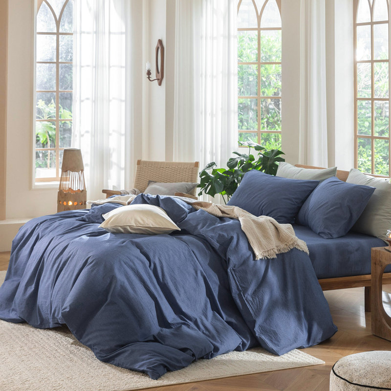 MooMee Lightweight Duvet Cover Set with Zipper Closure 8 Ties 100% Washed Cotton Linen Like Textured Soft Breathable All-Season