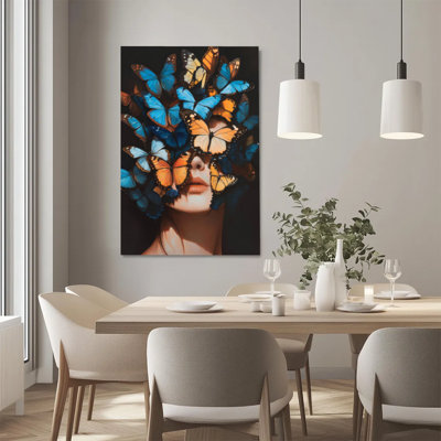 Surrealist Woman Portrait with Vibrant Blue & Orange Butterflies Canvas Wall Art - Gallery Wrap Canvas with Solid Wood Inner Frame, Ready to Hang