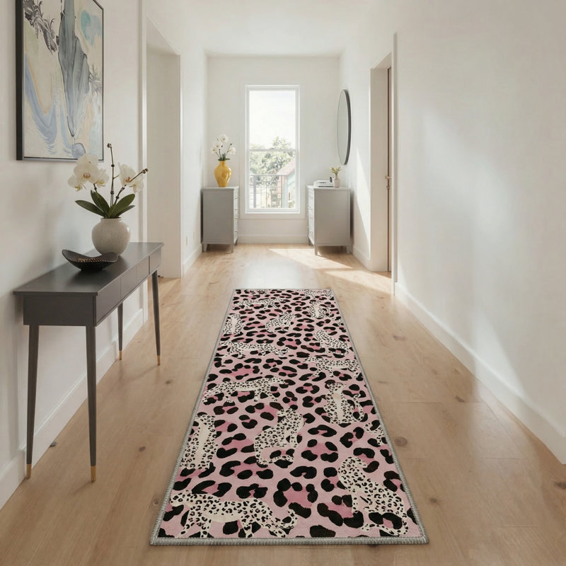 Aldovin Natura Inspired Machine Washable Leopard / Blush Pink Indoor Animal Print  Area Rug With Non-Slip Backing