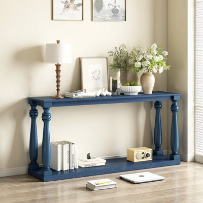 Console rétro bleu marine avec finition grain de bois et tablette inférieure - pieds fuselés en bois massif, table d'entrée étroite pour le couloir, le salon ou la chambre à coucher (63 po x 15,7 po)