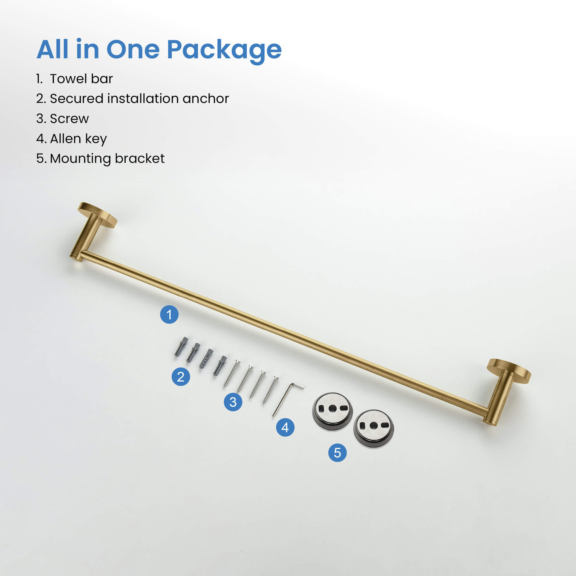 Wall Mounted Towel Bar, Brushed Brass, 2.13" H x 24" W x 2.88" D