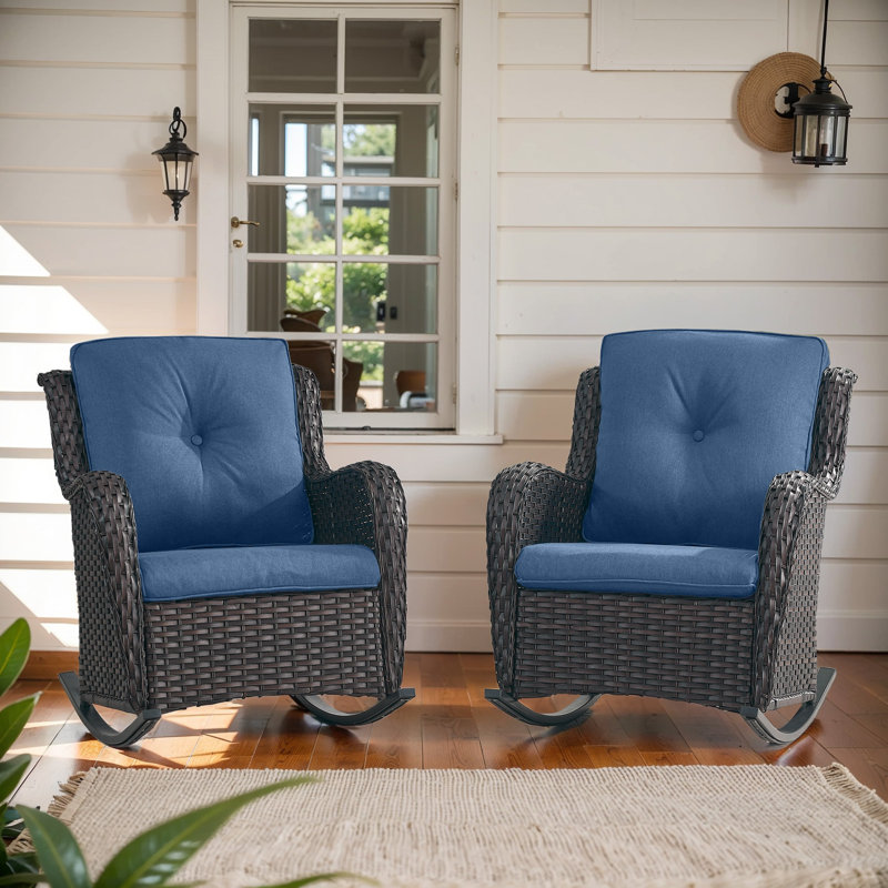 Bonia Outdoor Wicker Double Rocking Chairs, Brown, Blue
