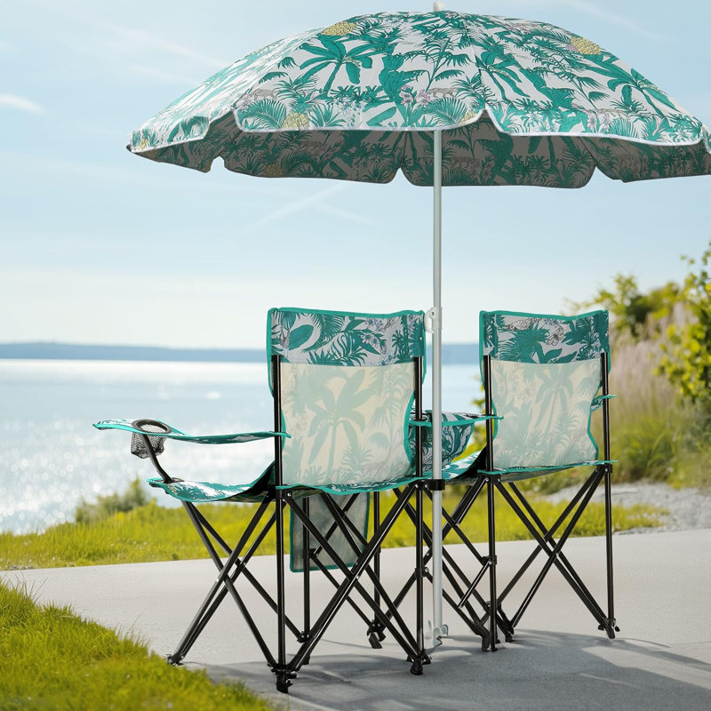 Folding Double Camping Chair W/Umbrella Beverage Holder Carrying Bag Cooler Fold Up Table, Large Bearing Capacity For Beach Patio Pool Park Outdoor Coconut Tree Pattern
