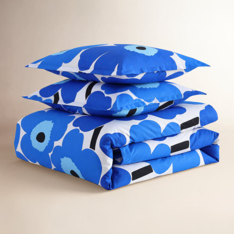 Ensemble d'édredon réversible en coton bleu Marimekko Unikko, Édredon pour très grand lit + 2 taies décorativ
