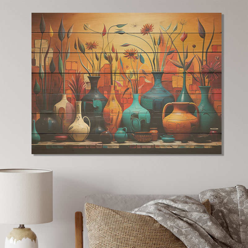 Orange Boho Pottery Expressions I - Boho Pottery sur impression de bois, H 24 po x l 32 po