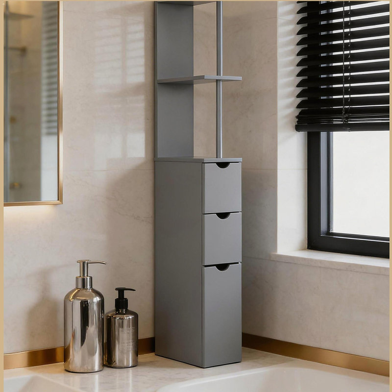 Storage Tower,Narrow Side Floor Organizer,Bathroom Storage Cabinet, Gray