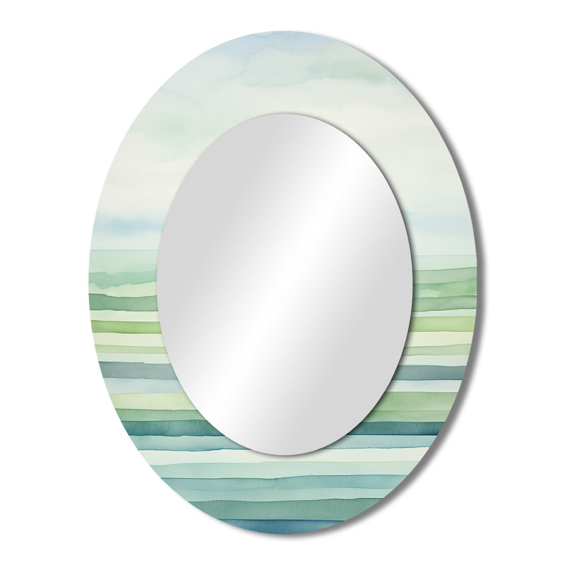 Minimalism Harmonic Horizon Landscape II - Green Modern Oval Wall Mirror, 43" x 33"