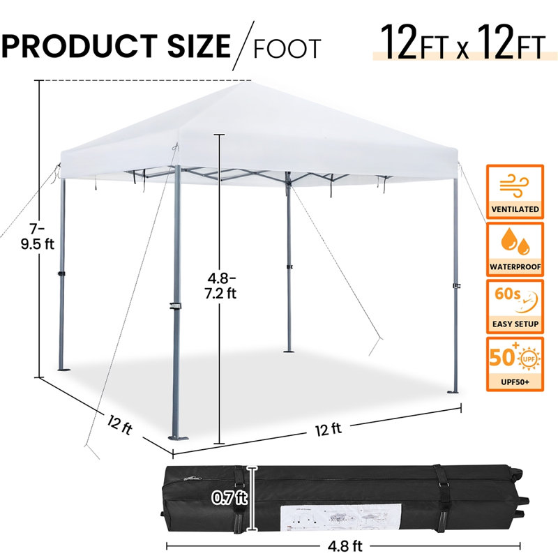 12 Ft. W X 12 Ft. D Metal Pop-Up Canopy with One-Push-To-Lock Setup Mechanism, White